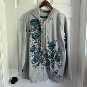 Susan Graver Weekend Gray Floral Rhinestone Zip Up Hoodie Sweatshirt 1X Womens